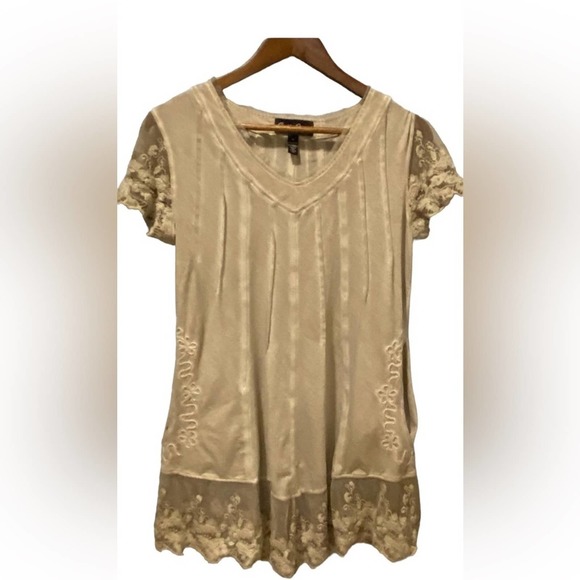 Boho Lace Gretty Zueger Vneck Tunic Top W/ Pockets Taupe SZ M Soft & Comfy - Picture 5 of 6